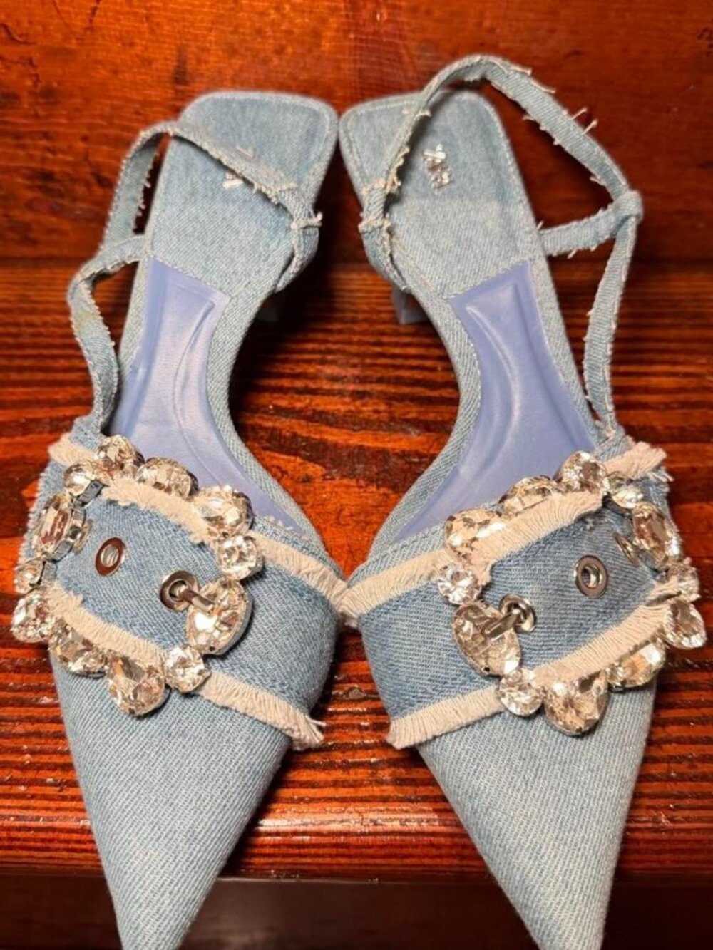 Zara Blue Denim Kitten Heel Slingback Pumps